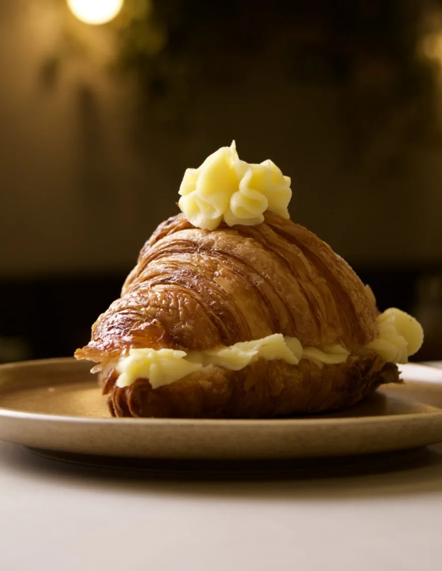 Croissant recheado com creme, servido em um prato de cerâmica